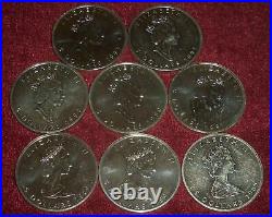 8 CANADA SILVER MAPLE LEAVES, $5 COINS, 1989 1993, 1 TOz. 9999 SILVER Each