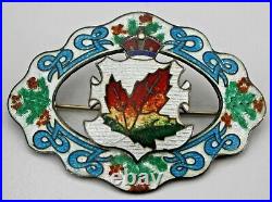 Antique Sterling Silver Brooch Pin Crown Maple Leaf Enamel C Clasp 1800's
