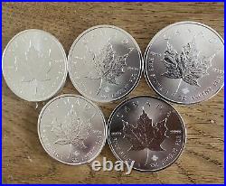 Bundle X5 2016 Canada Maple Leaf 9999 Silver 1 oz Coin Bullion With Capsules