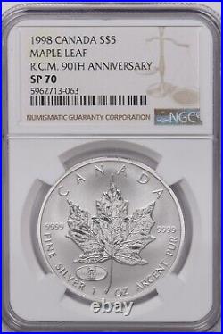 Canada 1998$5 Silver NGC SP70 Maple Leaf RCM 90th Anniversary rare Perfect 70