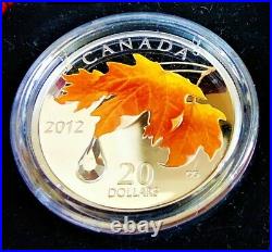 Canada $20 2012 sugar maple leaf crystal raindrop pure silver coin. Km 1269