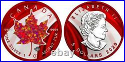 Canada 2020 5$ Maple Leaf RED Opal 1 Oz Silver Coin with Real OPAL Stone