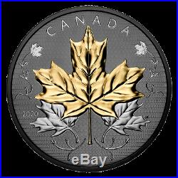 Canada 2020 50$ Maple Leaves In Motion Black Rhodium 5 oz. Leaf Silver Coin