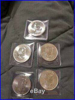 Canadian Maple Leaf 1oz Coins Lot Of 5. Sleeved From Mint. BU. 9999 Silver