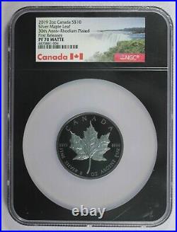 DO600E 2019 Canada $10 Silver Maple Leaf 30th Anv. NGC PF70 Matte Rhodium plt