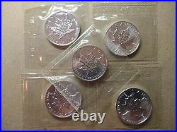 Five 1990 1 oz Canada. 9999 Silver Maple Leaf $5 coin Sealed