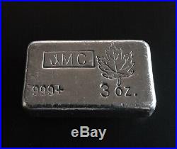 JMC Johnson Matthey Canada 3 oz. 999 Fine Silver Bar Ingot, Maple Leaf Hallmark