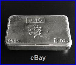 JMC Johnson Matthey Canada 5 oz. 999 Fine Silver Bar Ingot, Maple Leaf Hallmark
