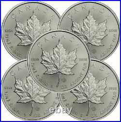 Lot of 5 2021 1 Oz Canadian. 9999 Silver Maple Leaf Coins. UNC. (in Capsule)
