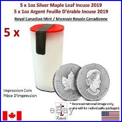 Lot of 5 x 1oz 2019 Canadian Maple Leaf Incuse Silver Coin