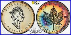 MS66 1992 $5 Canada Silver Maple Leaf, PCGS Secure- Rainbow Toned