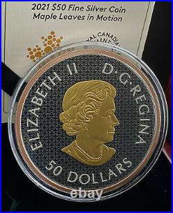 Maple Leaves In Motion 5 Oz 50 Dollars Canada 2021 Silver Coin 24k Gold