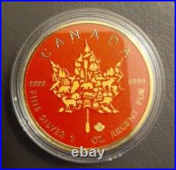 RED & GOLD COLOURED CANADIAN MAPLE LEAF 2017 GOLD GILDED 1oz SILVER COIN LIM/EDI