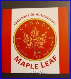 RED & GOLD COLOURED CANADIAN MAPLE LEAF 2017 GOLD GILDED 1oz SILVER COIN LIM/EDI